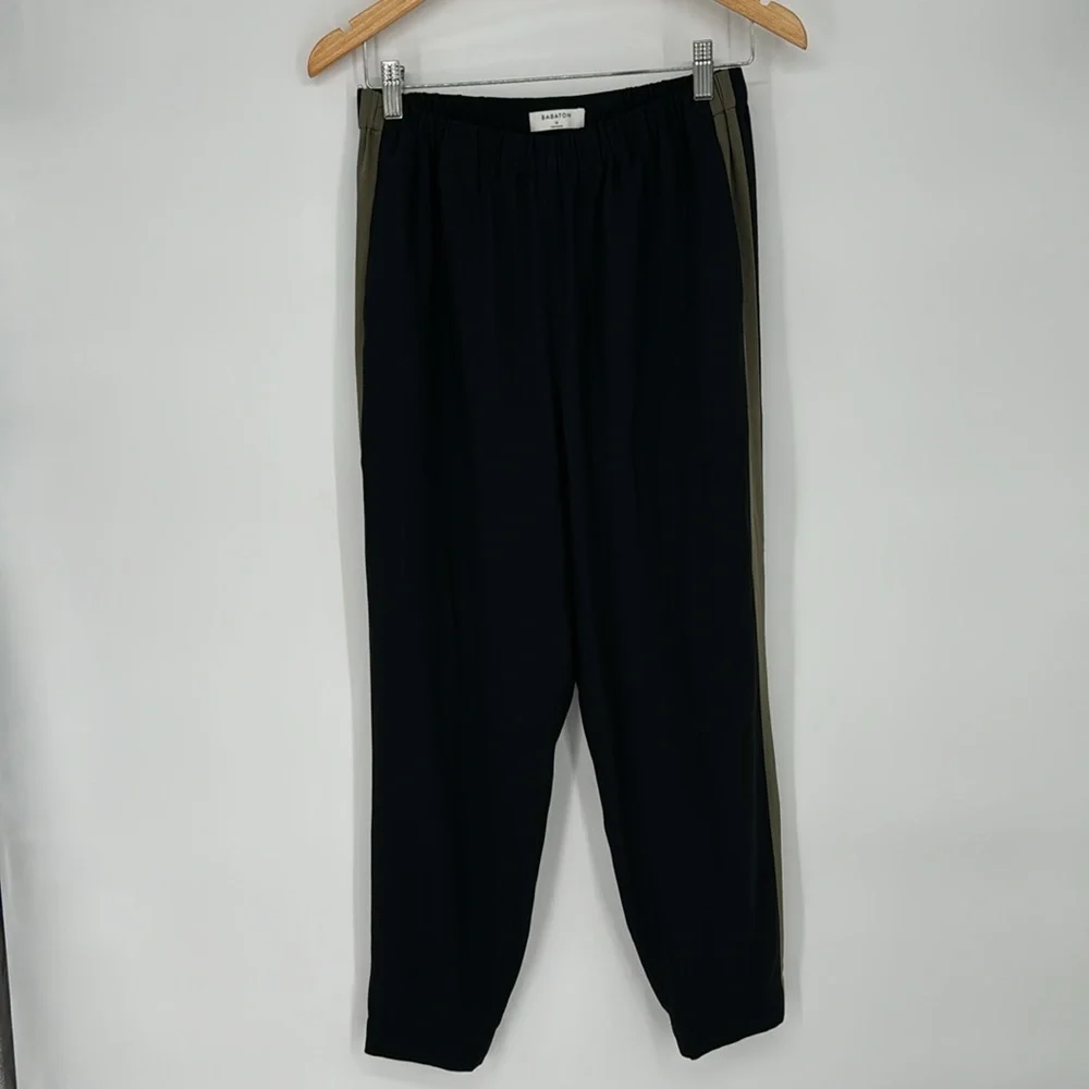 Babaton‎ X Aritzia Dexter Black Pull On Crepe Ankle Pants W/ Green Stripe Size M - Picture 2 of 9